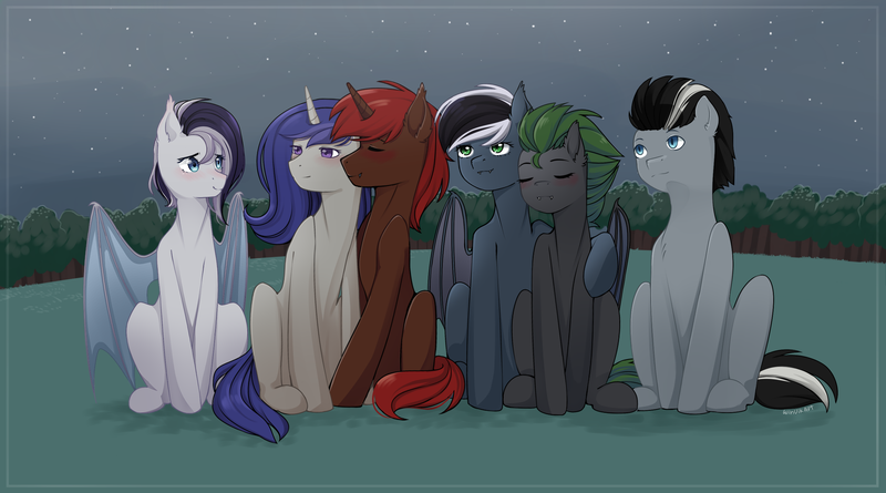 Size: 2804x1560 | Tagged: safe, artist:winvikart, derpibooru import, oc, oc:alana, oc:naisha, oc:q'pon, oc:rayven, oc:shaggy, oc:teris, bat pony, earth pony, pony, unicorn, female, forest, grass, male, mare, night