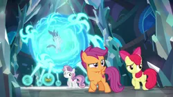 Size: 1280x720 | Tagged: safe, derpibooru import, screencap, apple bloom, scootaloo, starlight glimmer, sweetie belle, earth pony, pegasus, pony, unicorn, school raze, clover the clever's cloak, crown, crown of grover, cutie mark crusaders, female, filly, foal, jewelry, knuckerbocker's shell, mare, regalia, shell