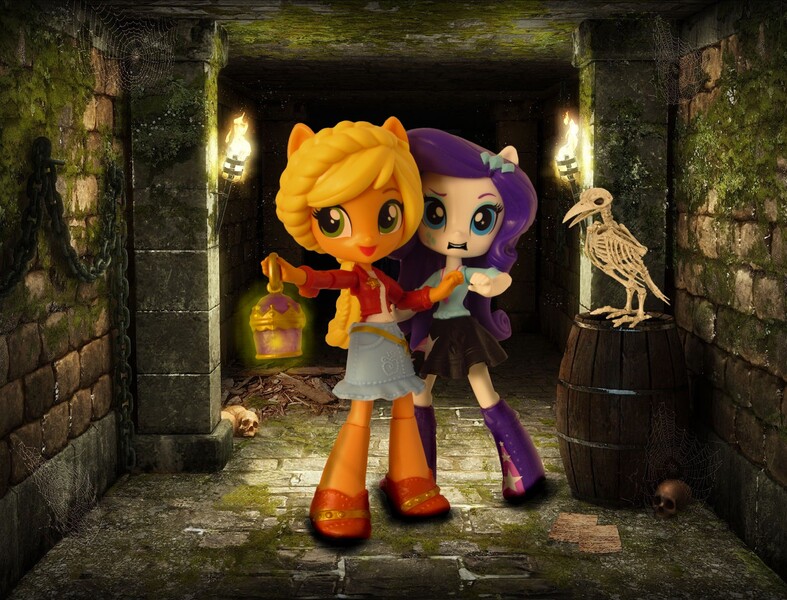 Size: 1417x1080 | Tagged: safe, artist:whatthehell!?, derpibooru import, applejack, rarity, bird, equestria girls, barrel, bone, boots, chains, clothes, denim skirt, doll, dress, dungeon, equestria girls minis, halloween, holiday, irl, jacket, lantern, photo, ponied up, shoes, skeleton, skirt, skull, torch, toy