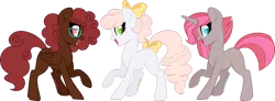 Size: 1024x375 | Tagged: safe, artist:shiiazu, derpibooru import, oc, oc:puddin' pop, oc:ruby pie, oc:vanilla cream, unofficial characters only, earth pony, pegasus, pony, unicorn, base used, bow, curly hair, female, glasses, hair bow, happy, looking at you, next generation, offspring, parent:cheese sandwich, parent:pinkie pie, parents:cheesepie, ponytail, siblings, signature, simple background, sisters, smiling, tail bow, transparent background, trio, trio female, triplets