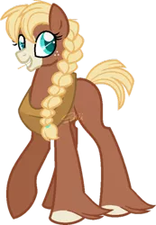 Size: 400x578 | Tagged: safe, artist:shiiazu, derpibooru import, oc, oc:bailey sweet, unofficial characters only, clydesdale, earth pony, pony, blaze (coat marking), braid, colored pupils, food, freckles, grin, harness, hooves, looking at you, next generation, offspring, parent:applejack, parent:troubleshoes clyde, parents:troublejack, short tail, signature, simple background, smiling, tack, transparent background, unshorn fetlocks, wheat