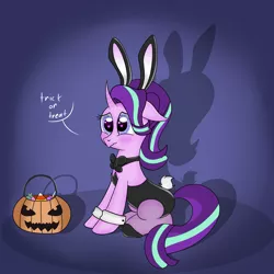 Size: 2500x2500 | Tagged: safe, artist:luntikius, derpibooru import, starlight glimmer, pony, unicorn, blushing, bunny ears, bunny suit, clothes, costume, cuffs (clothes), gradient background, halloween, halloween costume, heart eyes, holiday, jack-o-lantern, leotard, pumpkin, pumpkin bucket, sitting, solo, trick or treat, wingding eyes
