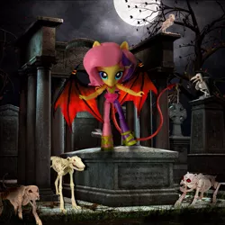 Size: 993x994 | Tagged: safe, artist:whatthehell!?, derpibooru import, fluttershy, bird, dog, parakeet, succubus, equestria girls, bone, cemetery, clothes, doll, dress, equestria girls minis, halloween, holiday, irl, michael jackson, moon, photo, ponied up, shoes, skeleton, skull, sky, song reference, thriller, tomb, toy