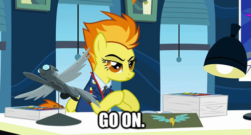 Size: 500x269 | Tagged: caption, derpibooru import, go on, image macro, reaction image, safe, spitfire, spitfire's eyebrows, text