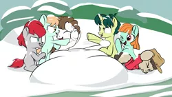 Size: 1920x1080 | Tagged: safe, artist:foal, derpibooru import, ginger green, gnarly burl, green sprout, peach fuzz, super funk, train tracks (character), pony, background pony, colt, female, filly, male, snow, snowball, snowball fight