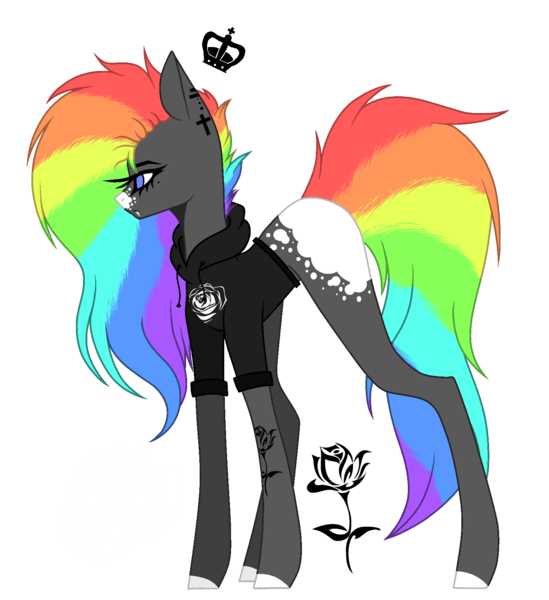 Size: 1540x1683 | Tagged: safe, artist:xfantasycreaturex, derpibooru import, oc, oc:rainbow rider, unofficial characters only, earth pony, pony, blaze (coat marking), clothes, ear piercing, earring, fangs, female, hoodie, jewelry, mare, multicolored hair, piercing, rainbow hair, simple background, solo, tattoo, transparent background, unshorn fetlocks