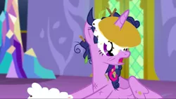 Size: 1439x811 | Tagged: safe, derpibooru import, screencap, twilight sparkle, twilight sparkle (alicorn), alicorn, pony, castle sweet castle, female, food, horn, horn impalement, i'm pancake, mare, messy, messy mane, open mouth, pancakes, solo, stick, whipped cream