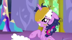 Size: 1440x810 | Tagged: safe, derpibooru import, screencap, twilight sparkle, twilight sparkle (alicorn), alicorn, pony, castle sweet castle, cute, female, food, i'm pancake, mare, messy mane, pancakes, sheepish grin, solo, stick, twiabetes, whipped cream