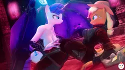 Size: 1717x966 | Tagged: suggestive, artist:hentype, derpibooru import, applejack, rarity, anthro, earth pony, succubus, unicorn, art pack:spooktober 3d, 3d, applejack's hat, armor, big breasts, breasts, cowboy hat, demon horns, female, grin, gritted teeth, hat, horns, image, lesbian, looking at each other, partial nudity, png, rarijack, shipping, smiling, source filmmaker, wings