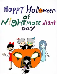 Size: 2529x3270 | Tagged: artist:pokeneo1234, crossover, cuphead, cuphead (character), derpibooru import, gegege no kitaro, halloween, holiday, jack-o-lantern, lucy loud, mugman, neko musume, nightmare night, pound cake, pumpkin, pumpkin cake, safe, spooky, spooky house of jumpscare, the loud house