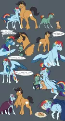 Size: 656x1217 | Tagged: safe, artist:baylard, derpibooru import, quibble pants, rainbow dash, oc, oc:arrowhead, oc:wayfinder, earth pony, pegasus, pony, alternate hairstyle, baby, baby pony, blaze (coat marking), book, cloak, clothes, colt, female, foal, glasses, gray background, hat, male, mare, offspring, parent:quibble pants, parent:rainbow dash, parents:quibbledash, quibbledash, reading, shipping, simple background, speech bubble, stallion, straight, uniform, wonderbolts uniform