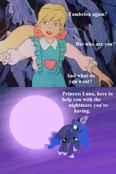 Size: 528x792 | Tagged: safe, derpibooru import, edit, edited screencap, screencap, megan williams, princess luna, alicorn, human, pony, for whom the sweetie belle toils, my little pony 'n friends, the return of tambelon, comic, cropped, dialogue, dream, dream walker luna, ethereal mane, female, g1, g4, g4 to g1, generation leap, mare, moon, nightmare, screencap comic