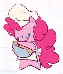 Size: 299x351 | Tagged: safe, artist:egophiliac, derpibooru import, pinkie pie, earth pony, pony, animated, apron, baking, bipedal, bowl, chef's hat, chibi, clothes, female, gif, hat, lined paper, mare, mixing bowl, signature, smiling, solo, spoon, tongue out