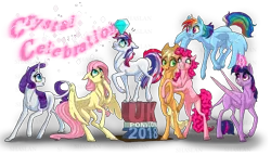 Size: 7000x4000 | Tagged: safe, artist:shaslan, derpibooru import, applejack, fluttershy, pinkie pie, rainbow dash, rarity, twilight sparkle, twilight sparkle (alicorn), oc, oc:britannia (uk ponycon), alicorn, earth pony, pegasus, pony, unicorn, balancing, convention, crystal, female, flying, mane six, mare, mascot, obtrusive watermark, tongue out, uk ponycon, watermark