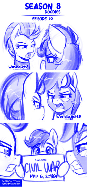 Size: 643x1380 | Tagged: safe, artist:jcosneverexisted, derpibooru import, lightning dust, rainbow dash, scootaloo, pegasus, pony, season 8 doodles, the washouts (episode), angry, captain america: civil war, clothes, dialogue, female, filly, looking at each other, mare, meme, mlp:fim doodles, patreon, poster, sketch, uniform, washouts uniform, wonderbolts uniform