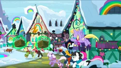 Size: 1440x812 | Tagged: safe, derpibooru import, screencap, burning passion, cloud kicker, flam, flim, holly the hearths warmer doll, mercury, minty bubblegum, star hunter, starry eyes (character), earth pony, pegasus, pony, unicorn, best gift ever, angry, angry mob, background pony, chase, christmas, christmas lights, clothes, crate, discovery family logo, earmuffs, female, flag, flim flam brothers, flying, hearth's warming lights, holiday, house, houses, magic, magic aura, male, mare, mob, rainbow, rainbow falls (location), running, scarf, snow, stallion, telekinesis, winter