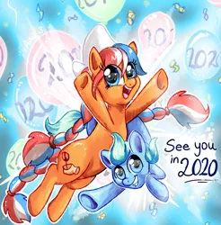 Size: 1009x1024 | Tagged: safe, artist:avui, derpibooru import, oc, oc:ember, oc:glace (hwcon), unofficial characters only, earth pony, pony, balloon, colt, confetti, duo, dutch cap, female, hat, hearth's warming con, hearth's warming con 2020, looking at you, male, mare, mascot, netherlands, underhoof
