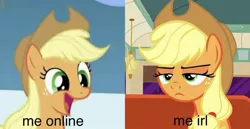 Size: 1125x579 | Tagged: applejack, applejack is not amused, cropped, derpibooru import, edit, edited screencap, happy, irl, me irl, meme, photo, safe, screencap, solo, sonic rainboom (episode), the saddle row review, unamused, unimpressed