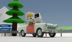 Size: 3675x2175 | Tagged: safe, artist:deloreandudetommy, derpibooru import, oc, oc:logic puzzle, 3d, blender, car, computer, german, jalopy, socks (coat marking), trabant, tree