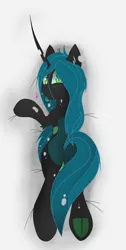 Size: 1521x3025 | Tagged: suggestive, artist:groomlake, derpibooru import, queen chrysalis, changeling, changeling queen, body pillow, colored, female, frog (hoof), green eyes, looking at you, simple background, solo, solo female, spots, tongue out, underhoof