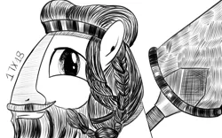 Size: 1280x800 | Tagged: safe, artist:dsana, derpibooru import, rockhoof, earth pony, pony, beard, bust, facial hair, ink drawing, inktober, looking at you, male, monochrome, rockhoof's shovel, shovel, simple background, sketch, smiling, solo, stallion, traditional art, white background