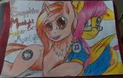 Size: 2542x1610 | Tagged: safe, artist:mya-chan nina, derpibooru import, oc, oc:amber moonlight(loe), oc:sapphire moonlight (loe), unofficial characters only, pegasus, pony, unicorn, clothes, colored, couple, cuddling, cutie mark, glasses, headphones, horn, legends of equestria, long mane, long tail, oc x oc, pale skin, shadows, shipping, shirt, shy, skirt, smiley face, traditional art, uniform, wings