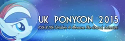 Size: 940x310 | Tagged: safe, derpibooru import, oc, oc:britannia (uk ponycon), unofficial characters only, earth pony, pony, 2015, astronaut, banner, crescent moon, female, leicester, mare, mascot, moon, solo, uk ponycon, united kingdom
