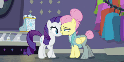 Size: 1200x603 | Tagged: safe, derpibooru import, screencap, fluttershy, rarity, pegasus, pony, unicorn, fake it 'til you make it, alternate hairstyle, animated, clothes, duo, eyes closed, female, gif, hair bun, kiss on the cheek, kissing, la bise, mare, out of context, platonic kiss, raised hoof, severeshy, shipping fuel