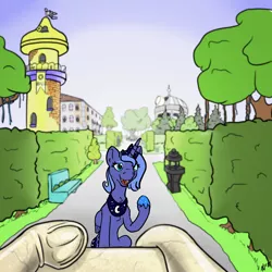 Size: 3000x3000 | Tagged: alternate version, artist:dombrus, canterlot gardens, derpibooru import, first person view, frog (hoof), inanimate tf, offscreen character, petrification, pov, princess luna, safe, statue, transformation, underhoof