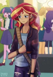 Size: 1032x1500 | Tagged: safe, artist:tcn1205, derpibooru import, applejack, rarity, sci-twi, sunset shimmer, twilight sparkle, human, equestria girls, applejack's hat, armlet, backpack, bag, bag charm, bracelet, charm, clothes, cowboy hat, cute, digital art, female, hat, humanized, indoors, jacket, jeans, jewelry, pants, plush charm, plushie, pony coloring, school, shirt, shoes, shoulder bag, skirt, socks, speech bubble, standing, tired