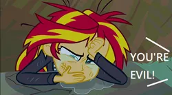 Size: 574x316 | Tagged: safe, derpibooru import, edit, edited screencap, screencap, sunset shimmer, equestria girls, equestria girls (movie), abuse, background pony strikes again, crying, downvote bait, op is wrong, sad, shimmerbuse, sunsad shimmer