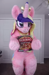 Size: 1337x2047 | Tagged: artist:qtpony, cadance's pizza delivery, defictionalization, derpibooru import, digiorno, food, fursuit, irl, meat, peetzer, pepperoni, pepperoni pizza, photo, photographer:qtpony, pizza, ponysuit, princess cadance, safe, smiling, solo, standing