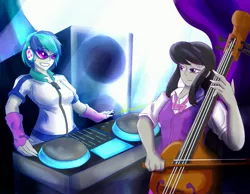 Size: 3507x2716 | Tagged: safe, artist:mantarwolf, derpibooru import, octavia melody, vinyl scratch, equestria girls, bow (instrument), cello, clothes, fingerless gloves, gloves, musical instrument, sunglasses, turntable