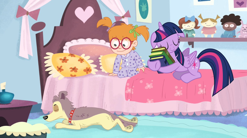 Size: 1022x574 | Tagged: alicorn, artist:marcuvan0, bed, book, derpibooru import, dot (pound puppies), floppy ears, lucky smarts, pound puppies, safe, screencap, sleeping, twilight sparkle, twilight sparkle (alicorn)