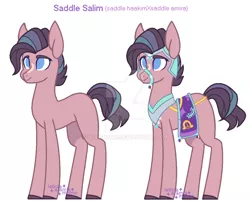 Size: 1024x823 | Tagged: artist:onedayhm, blaze (coat marking), bridle, derpibooru import, deviantart watermark, male, no pupils, obtrusive watermark, oc, oc:saddle salim, offspring, parent:amira, parent:haakim, parents:haakimira, saddle arabian, safe, simple background, solo, stallion, tack, unofficial characters only, watermark, white background