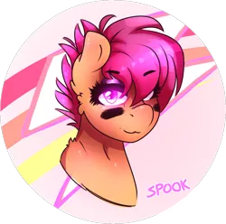 Size: 1044x1036 | Tagged: safe, artist:aaa-its-spook, derpibooru import, scootaloo, pegasus, pony, bust, eye black (makeup), face paint, female, filly, solo