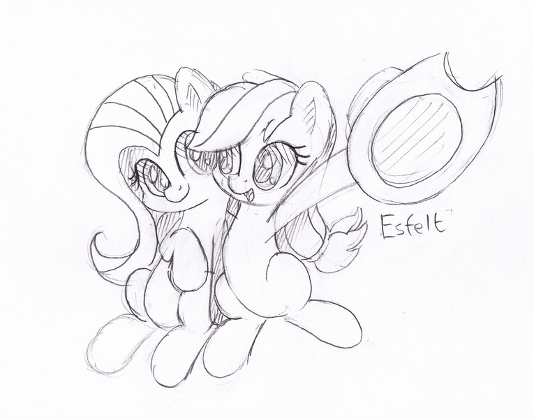 Size: 2005x1573 | Tagged: safe, artist:esfelt, derpibooru import, applejack, fluttershy, earth pony, pegasus, pony, applejack's hat, cowboy hat, duo, female, hat, hug, looking at each other, mare, monochrome, open mouth, pencil drawing, simple background, sitting, sketch, smiling, traditional art, white background