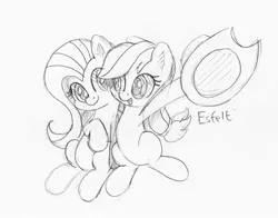 Size: 2005x1573 | Tagged: safe, artist:esfelt, derpibooru import, applejack, fluttershy, earth pony, pegasus, pony, applejack's hat, cowboy hat, duo, female, hat, hug, looking at each other, mare, monochrome, open mouth, pencil drawing, simple background, sitting, sketch, smiling, traditional art, white background