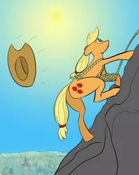Size: 1329x1673 | Tagged: safe, artist:quarmaid, derpibooru import, applejack, earth pony, pony, applejack's hat, cowboy hat, female, green eyes, hat, mare, mountain, mountain climbing, remastered, rope, solo, wind, yellow hair