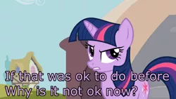 Size: 1365x768 | Tagged: safe, derpibooru import, edit, edited screencap, screencap, twilight sparkle, pony, unicorn, it's about time, annoyed, caption, female, image macro, mare, meme, reaction image, solo, text, unicorn twilight