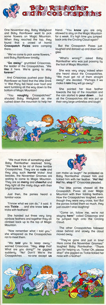Size: 712x2033 | Tagged: baby cuddles, baby rainfeather, baby rainfeather and the cross crosspatches, baby rainflower, baby snookums, baby wellyboot, circling cloud, comic:my little pony (g1), crisscross the crosspatch pixie, crosspatch pixies, derpibooru import, drink 'n wet baby ponies, feather, g1, magic mountain, november, november gnomes, official comic, rainbow ponies, safe, story, text, tickle (g1), tickling, umbrella