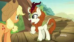 Size: 1920x1080 | Tagged: safe, derpibooru import, screencap, applejack, autumn blaze, kirin, pony, sounds of silence, applejack's hat, awwtumn blaze, cloven hooves, cowboy hat, cute, cutie mark, duo, duo female, excited, female, hat, mare, ponytail