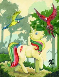 Size: 784x1019 | Tagged: safe, artist:calzephyr, derpibooru import, mimic (g1), bird, blue-and-yellow macaw, macaw, parrot, pony, scarlet macaw, twinkle eyed pony, unicorn, animal, bow, female, flying, g1, mare, solo, spread wings, tail bow, traditional art, wings