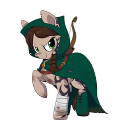 Size: 2000x2000 | Tagged: safe, artist:inkie-heart, derpibooru import, oc, unofficial characters only, pony, buck legacy, archer, bandage, bandaged leg, belt, boots, bow (weapon), brown hair, cloak, clothes, dirty, fantasy class, green eyes, leather, leather boots, looking at you, ponytail, ranger, scar, scarred, shoes, simple background, solo, tattoo, transparent background, tribal tattoo, weapon