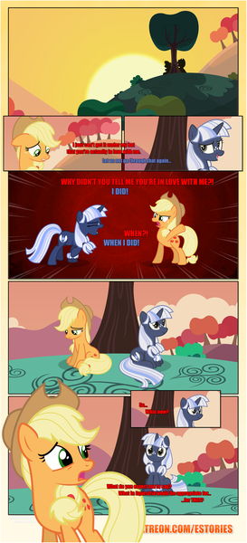 Size: 1919x4225 | Tagged: safe, artist:estories, derpibooru import, applejack, oc, oc:silverlay, earth pony, pony, unicorn, comic:a(pple)ffection, applejack's hat, comic, cowboy hat, dialogue, hat, hill, red background, simple background, stetson, sunset, tree