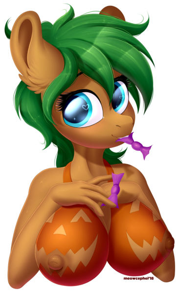 Size: 1688x2770 | Tagged: anthro, artist:meowcephei, bra, breasts, bust, candy, clothes, commission, derpibooru import, food, halloween, holiday, nipples, nudity, oc, oc:nightshade (an-immortal), partial nudity, puffy nipples, pumpkin, questionable, underwear, unofficial characters only, ych result