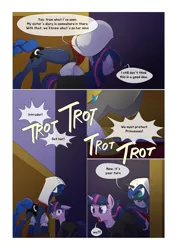 Size: 1024x1448 | Tagged: safe, artist:gashiboka, derpibooru import, princess luna, twilight sparkle, alicorn, pony, unicorn, comic:scar of solar, assassin's creed, bodysuit, comic, female, mare, unicorn twilight