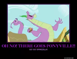 Size: 750x574 | Tagged: artist:gollum123, blue oyster cult, derpibooru import, dragon, edit, edited screencap, godzilla (series), greed spike, lyrics, male, motivational poster, parody, prehensile tail, rarity, safe, screencap, secret of my excess, song reference, spike, spikezilla, tail hold, text