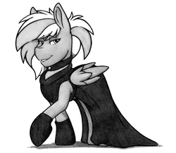 Size: 4159x3626 | Tagged: safe, artist:denzel, derpibooru import, oc, oc:zeny, unofficial characters only, pegasus, pony, alternate hairstyle, bedroom eyes, black and white, black dress, breakfast at tiffany's, choker, clothes, dress, evening gloves, fancy, female, gloves, grayscale, long gloves, looking at you, mare, monochrome, raised hoof, simple background, smiling, solo, traditional art, white background