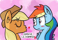 Size: 1445x988 | Tagged: safe, artist:artiks, derpibooru import, applejack, rainbow dash, appledash, blushing, dialogue, duo, female, floating heart, heart, lesbian, never doubt tchernobog's involvement, shipping